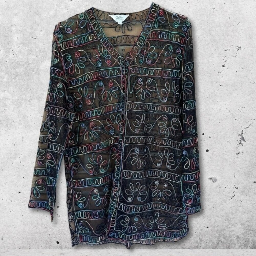 Celsa Sheer Mesh Duster Lightweight Embroidered Floral Black Multicolor W L‎